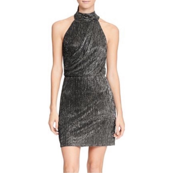 Halston Heritage Metallic Knit Halter Tie Back Dress Black Silver 12 - Picture 3 of 12